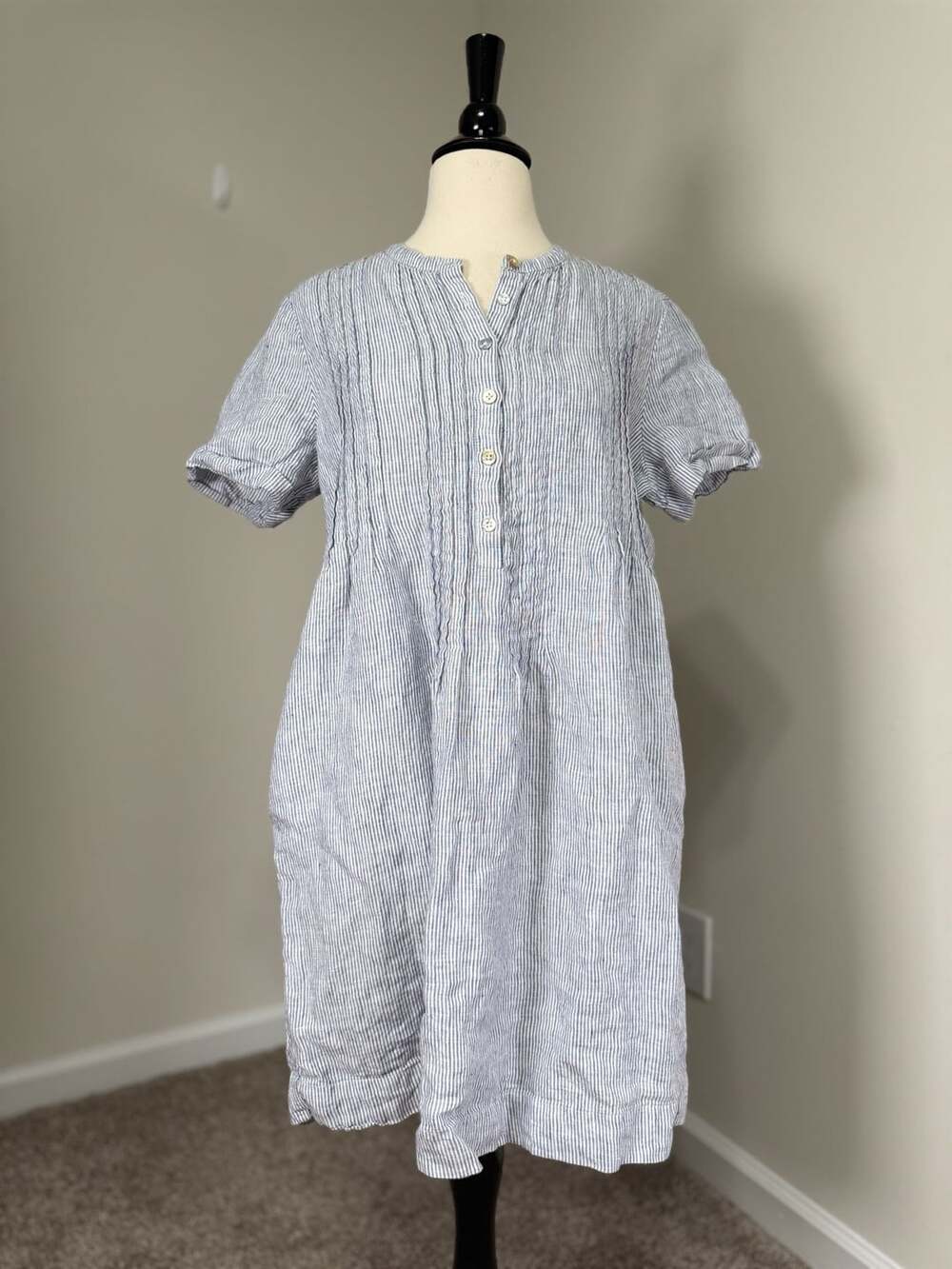 Quince Blue and White Striped Linen Short Sleeve Dress Size M Vacation